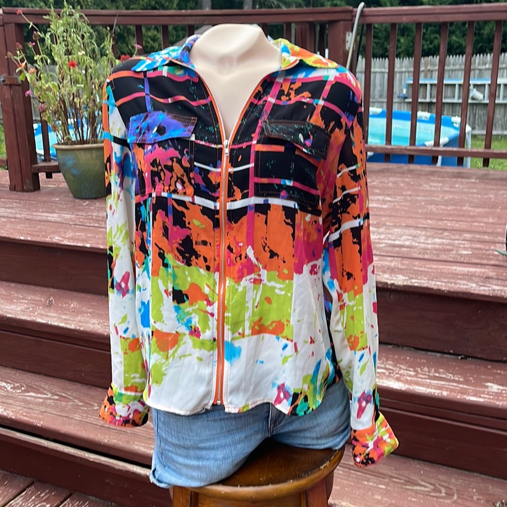 Tracy M Blouse- Zip Front- Splattered Color- Vintage- Jacket- Top